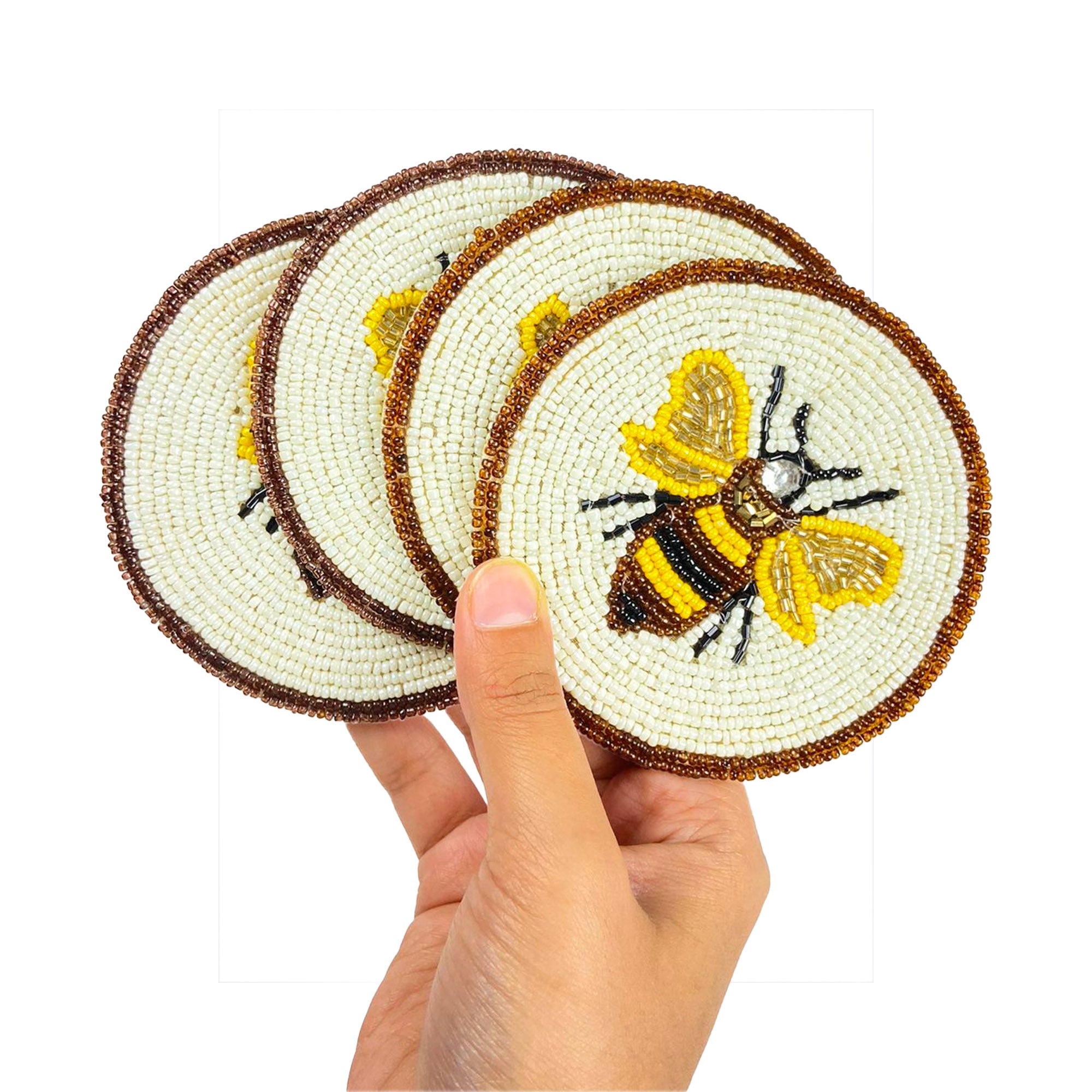 Beaded Embroidered Honey Bee Design Coaster Set of Four